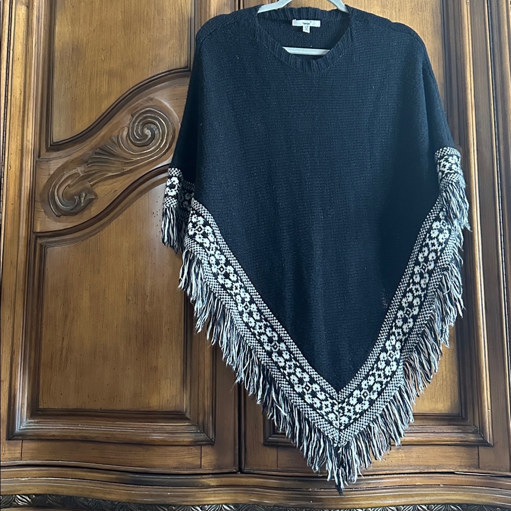 Papaya BlackPoncho with Black & White Fringe and Pattern small/ medium